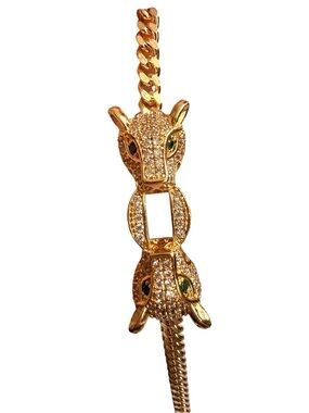 Gold-Tone Panther Link Bracelet with Green Stone Eyes 18k gold filled 7"